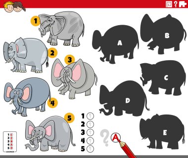 Fillerin hayvan karakterleriyle oynadığı eğitici oyunun doğru gölgelerini bulmanın çizgi film çizimi