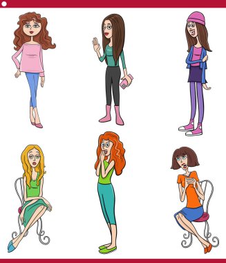 Komik genç kadın karakterlerin karikatür setinin çizimi