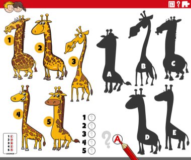 Zürafaların hayvan karakterleriyle ilgili eğitici aktivitelerin doğru gölgelerini bulmanın çizgi film çizimi