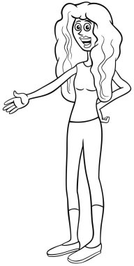 Komik kız ya da genç kadın karakter boyama sayfasının çizgi film çizimi