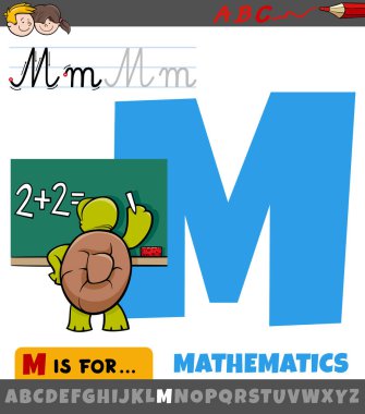 Matematik ifadesiyle alfabedeki M harfinin eğitici karikatür çizimi
