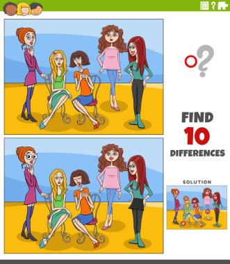 Genç kadın karakter grubuyla resim eğitimi etkinliği arasındaki farklılıkları gösteren çizgi film çizimi