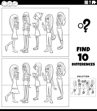 Genç kadın karakterlerin grup boyama sayfası ile resim eğitimi etkinliği arasındaki farklılıkları gösteren çizgi film çizimi
