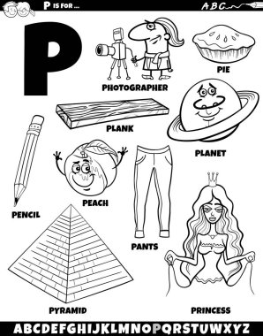 P harfi renklendirme sayfası için ayarlanmış nesneler ve karakterlerin çizgi film illüstrasyonu