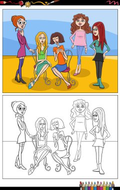 Komik genç kadın ya da kız karakterlerin çizgi film çizimleri grup boyama sayfası