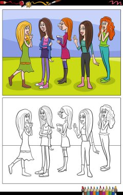 Komik genç kadın ya da kız karakterlerin çizgi film çizimleri grup boyama sayfası