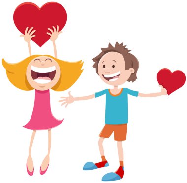 Cartoon illustration with girl and boy characters with Valentines Day cards