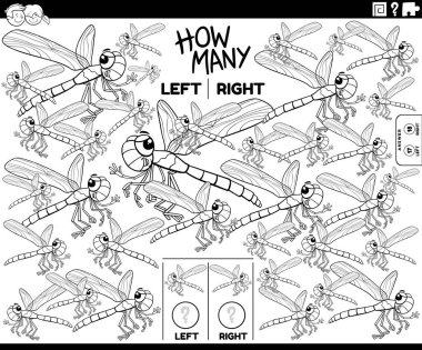 Yusufçuk böceği karakter renklendirme sayfasının sol ve sağ odaklı resimlerini sayma eğitimsel oyununun çizgi film çizimi