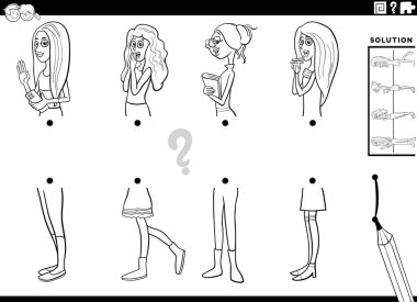 Genç kadın karakter boyama sayfası ile eşleşen resimlerin eğitim faaliyetlerinin siyah beyaz çizimi