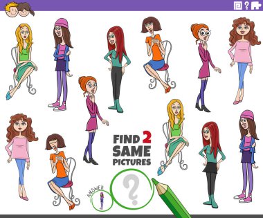 Kızlarla veya genç kadın karakterlerle aynı iki eğitici aktiviteyi bulmanın çizgi film çizimi