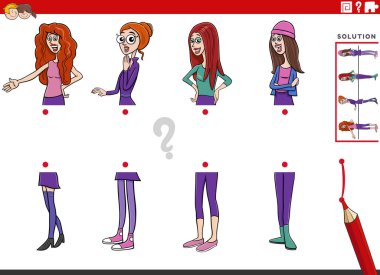 Genç kadın karakterlerle resimlerin yarısının eşleştirildiği eğitici oyunun çizgi film çizimi