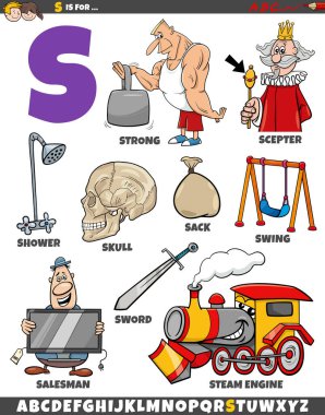 S harfi için ayarlanmış nesneler ve karakterlerin çizgi film çizimi