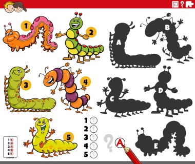 Çizgi film çizimleri, tırtıllarla, böcek hayvan karakterleriyle doğru gölgeleri bulmanın eğitici aktivitesi.