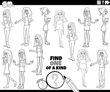 Genç kadın karakterlerin renklendirme sayfasının olduğu eğitici bir resim oyunu bul