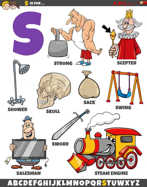 S harfi için ayarlanmış nesneler ve karakterlerin çizgi film çizimi