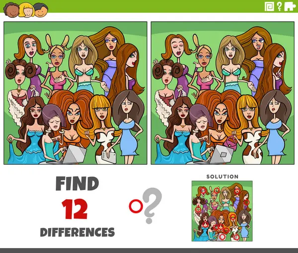 Komik kadın karakterler grubuyla resim eğitimi oyunu arasındaki farkları gösteren çizgi film çizimi