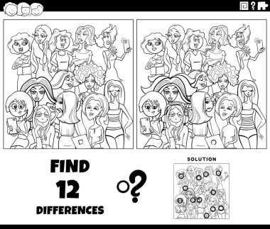 Komik kadın karakterler grubu boyama sayfası ile resim eğitimsel etkinlik arasındaki farklılıkları gösteren çizgi film çizimi