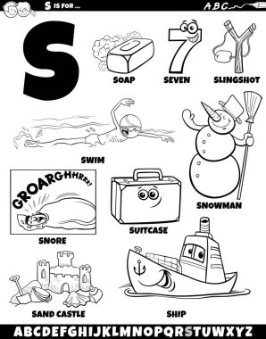 S harfi renklendirme sayfası için ayarlanmış nesneler ve karakterlerin çizgi film çizimi