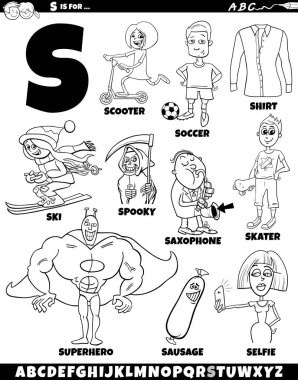 S harfi renklendirme sayfası için ayarlanmış nesneler ve karakterlerin çizgi film çizimi