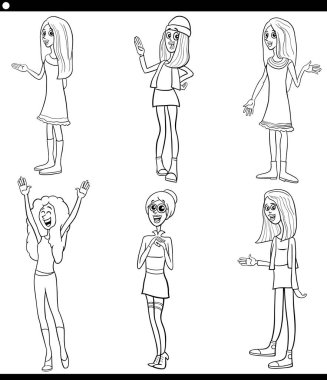 Çizgi film çizimi, komik genç kadın karakterler karikatür çizim sayfası