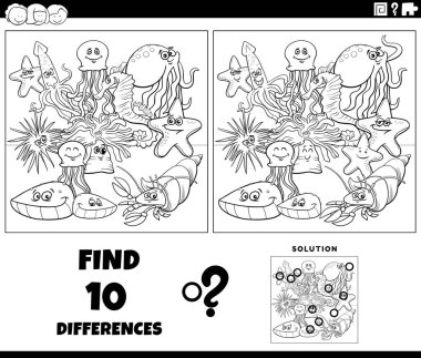 Deniz hayvanı karakterleri grup boyama sayfası ile resim eğitimsel etkinlik arasındaki farklılıkları gösteren çizgi film çizimi