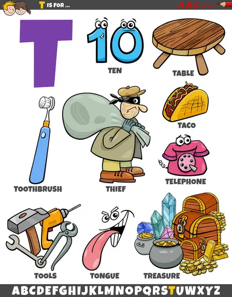 T文字に設定されたオブジェクトとキャラクターの漫画イラスト — ストックベクタ