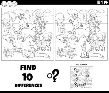 Vahşi hayvan karakterleri grup boyama sayfası ile resim eğitimsel etkinlik arasındaki farklılıkları gösteren çizgi film çizimi