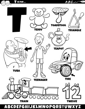 T harfi renklendirme sayfası için ayarlanmış nesneler ve karakterlerin çizgi film çizimi