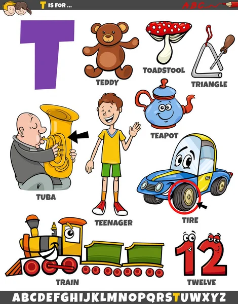 T文字に設定されたオブジェクトとキャラクターの漫画イラスト — ストックベクタ