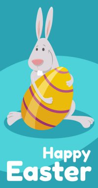 Cartoon illustration of happy Easter Bunny character with painted Easter egg greeting card design