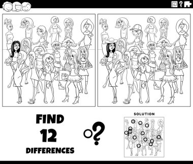 Genç kadın karakterlerin grup boyama sayfası ile resim eğitimi oyunu arasındaki farkları bulmanın çizgi film çizimi