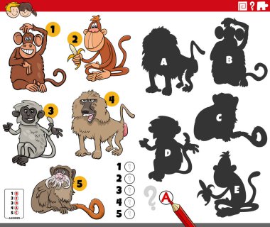 Çizgi film gösterimi, maymun hayvan karakterleriyle ilgili resimlerin doğru gölgelerini bulmanın eğitici aktivitesidir.