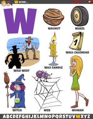 W harfi için ayarlanmış nesneler ve karakterlerin çizgi film çizimi