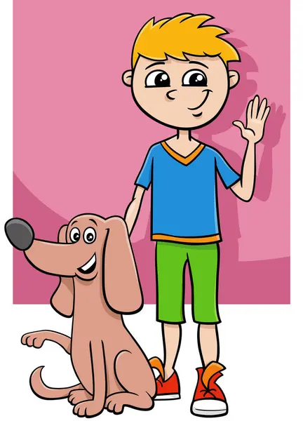 Illustrazione Cartone Animato Divertente Ragazzo Personaggio Con Suo Cane — Vettoriale Stock