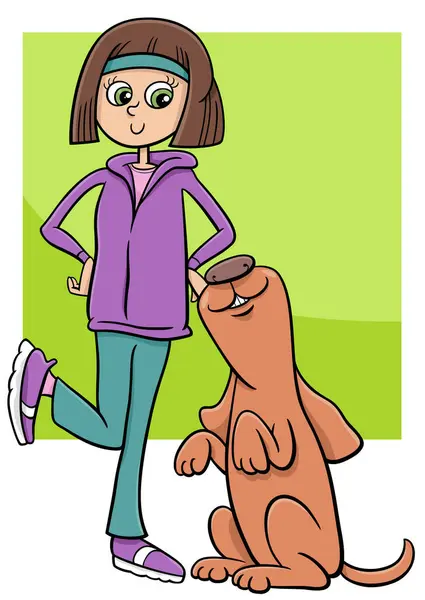 具有滑稽狗狗性格的少女卡通画 免版税图库插图