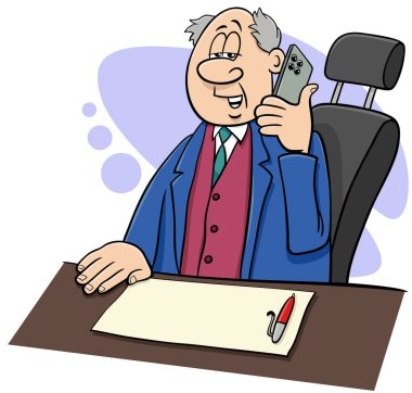 Masanın arkasında telefonla konuşan patron ya da iş adamının karikatür çizimi