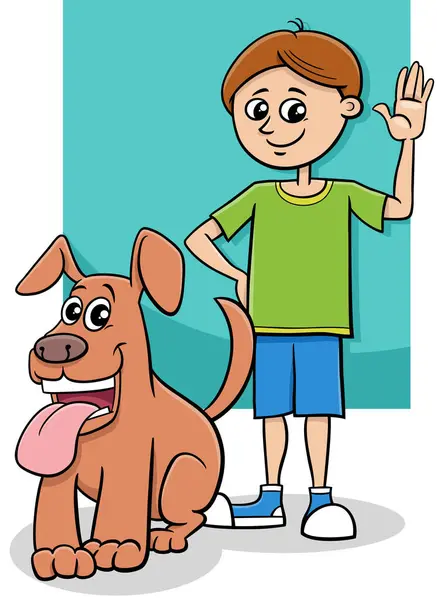 Ilustrasi Kartun Karakter Lucu Anak Laki Laki Dengan Anjing Peliharaannya - Stok Vektor