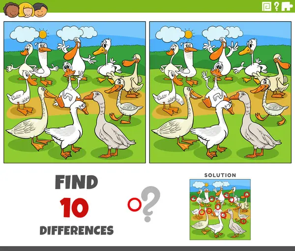 Ilustrasi Kartun Menemukan Perbedaan Antara Gambar Permainan Pendidikan Dengan Burung - Stok Vektor