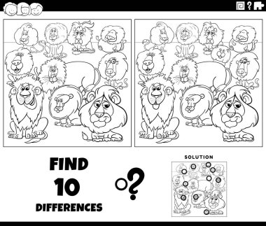 Aslanlarla vahşi hayvan karakterleri grubu boyama sayfası arasında eğitici resim oyunlarının farklılıklarını gösteren çizgi film çizimi