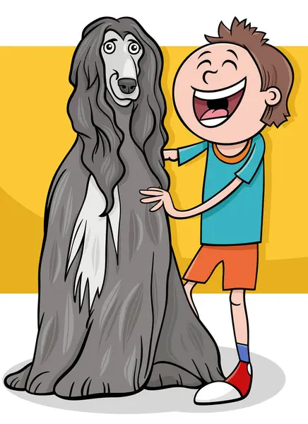 Ilustrasi Kartun Karakter Lucu Anak Laki Laki Dengan Anjing Afghan - Stok Vektor