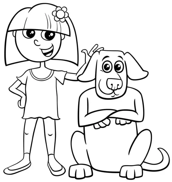 Ilustrasi Kartun Gadis Remaja Dengan Halaman Pewarnaan Karakter Anjing - Stok Vektor