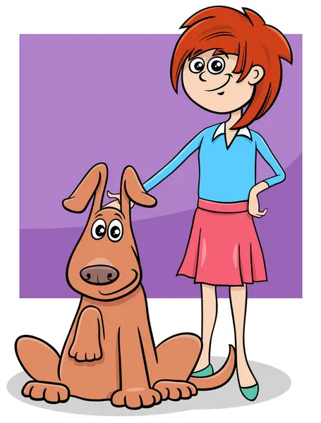 Dibujos Animados Ilustración Adolescente Chica Con Divertido Perro Personaje Vector de stock