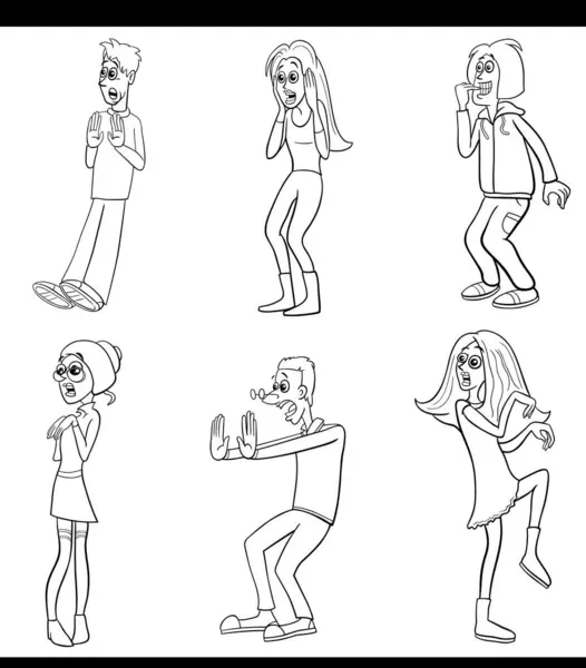 Dibujos Animados Ilustración Personajes Cómicos Sorprendidos Asustados Página Para Colorear Ilustraciones de stock libres de derechos