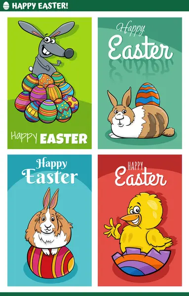 Paskalya Bayramı Tebrik Kartı Tasarımlarının Karikatür Çizimi Tavşanlar Piliçlerle Birlikte Telifsiz Stok Vektörler