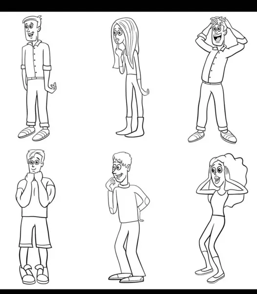 Dibujos Animados Ilustración Divertidos Personajes Jóvenes Sorprendidos Establecer Página Para — Archivo Imágenes Vectoriales