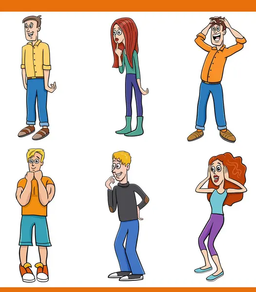 Illustrazione Dei Cartoni Animati Divertenti Giovani Sorpresi Personaggi Impostati Illustrazione Stock