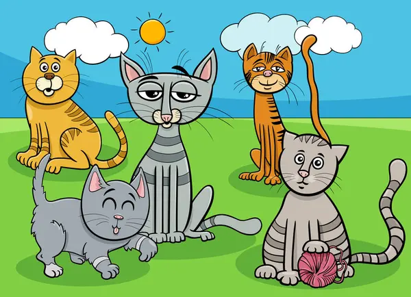 Ilustrasi Kartun Kucing Dan Kucing Kelompok Karakter Hewan Komik - Stok Vektor