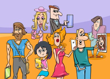 Akıllı telefonları, tabletleri ve elektronik cihazları olan insan gruplarının çizgi film çizimi