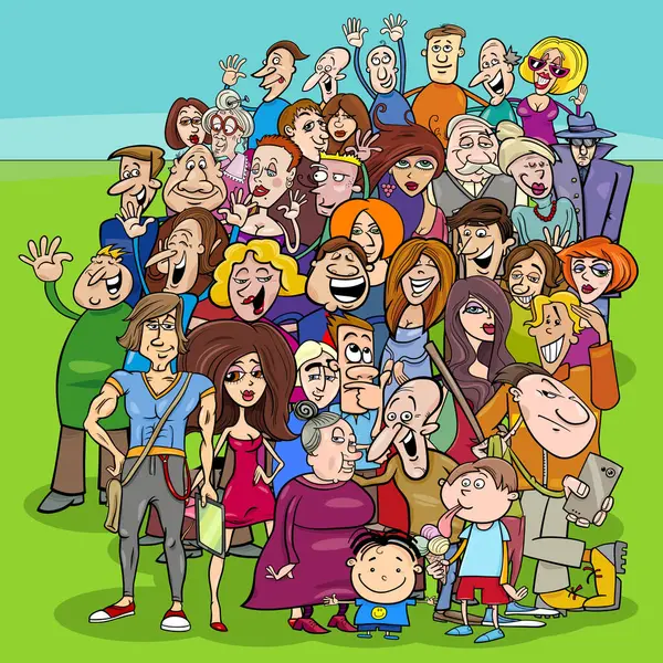 Kalabalıktaki birçok komik insan karakterinin çizgi film çizimi