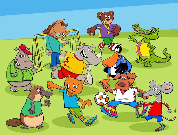 Cartoon Illustrations Animal Football Soccer Player Characters Playing Match Field Jogdíjmentes Stock Illusztrációk